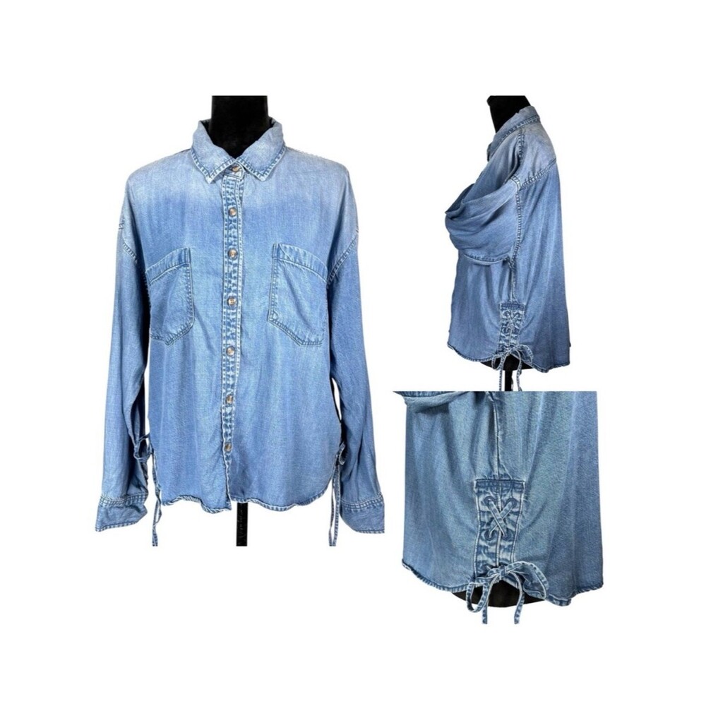 American Eagle Denim Shirt Western Blue Chambray Lace Up Button Ombre Jean Top